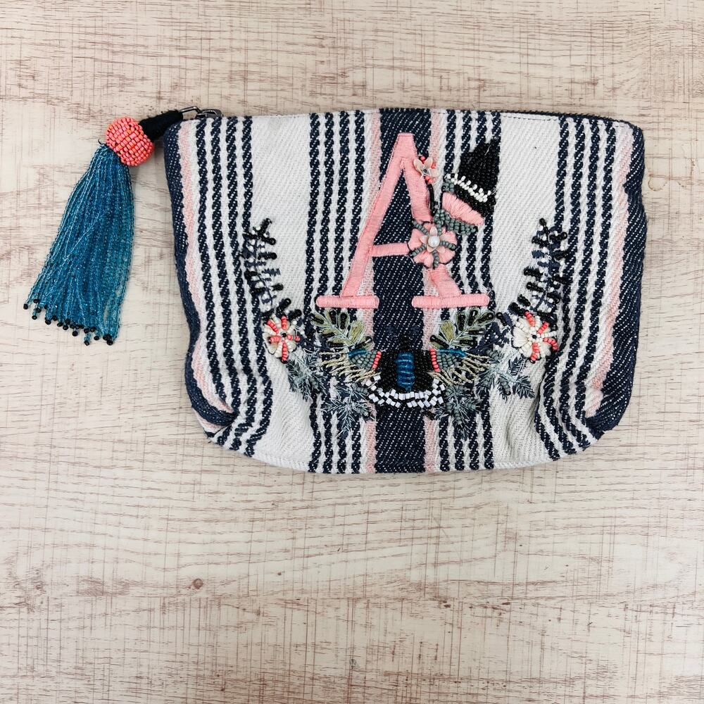Anthropologie Beaded Embroidered Monogram A Striped Pouch Cream Pink Boho Bag